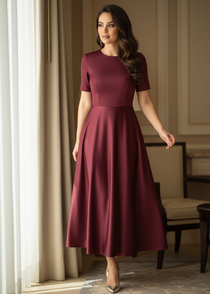 Satinkleid bordeaux - Bordeauxfarbenes Satinkleid Midi Off-Shoulder - Ansicht 1