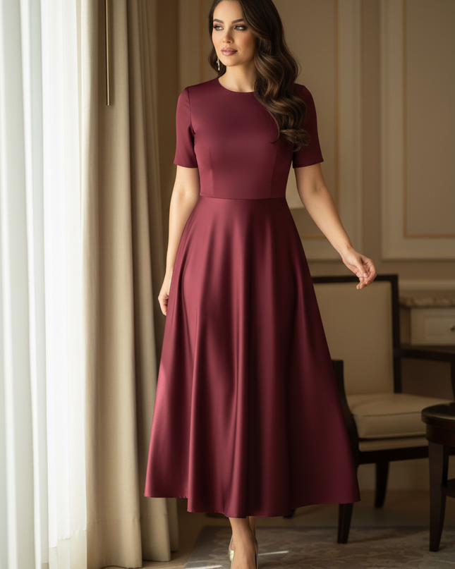 Satinkleid bordeaux - Bordeauxfarbenes Satinkleid Midi Off-Shoulder - Ansicht 1