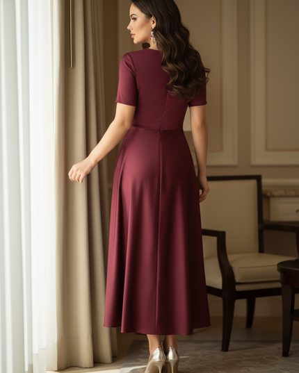 Satinkleid bordeaux - Bordeauxfarbenes Satinkleid Midi Off-Shoulder - Ansicht 2