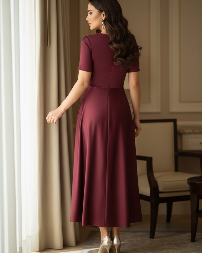 Satinkleid bordeaux - Bordeauxfarbenes Satinkleid Midi Off-Shoulder - Ansicht 2
