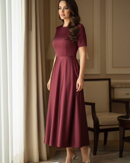 Satinkleid bordeaux - Bordeauxfarbenes Satinkleid Midi Off-Shoulder - Ansicht 3
