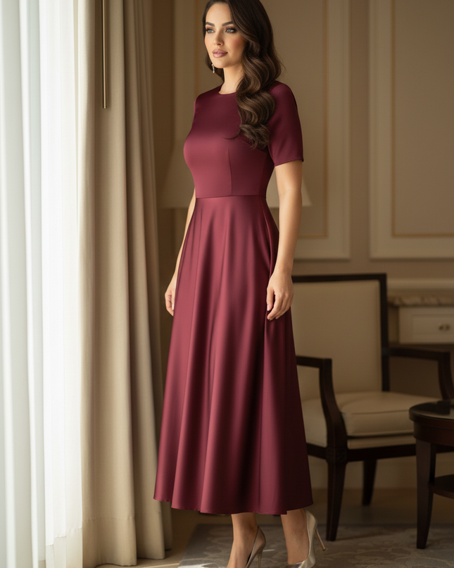Satinkleid bordeaux - Bordeauxfarbenes Satinkleid Midi Off-Shoulder - Ansicht 3