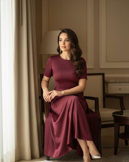 Satinkleid bordeaux - Bordeauxfarbenes Satinkleid Midi Off-Shoulder - Ansicht 5