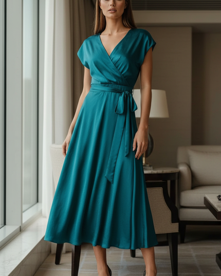 Satin Kleid Teal - Satinkleid Midi Rueckenfrei Blau - Wickelstyle - Ansicht 1