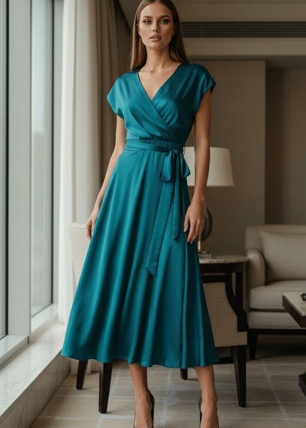 Satin Kleid Teal - Satinkleid Midi Rueckenfrei Blau - Wickelstyle - Ansicht 1