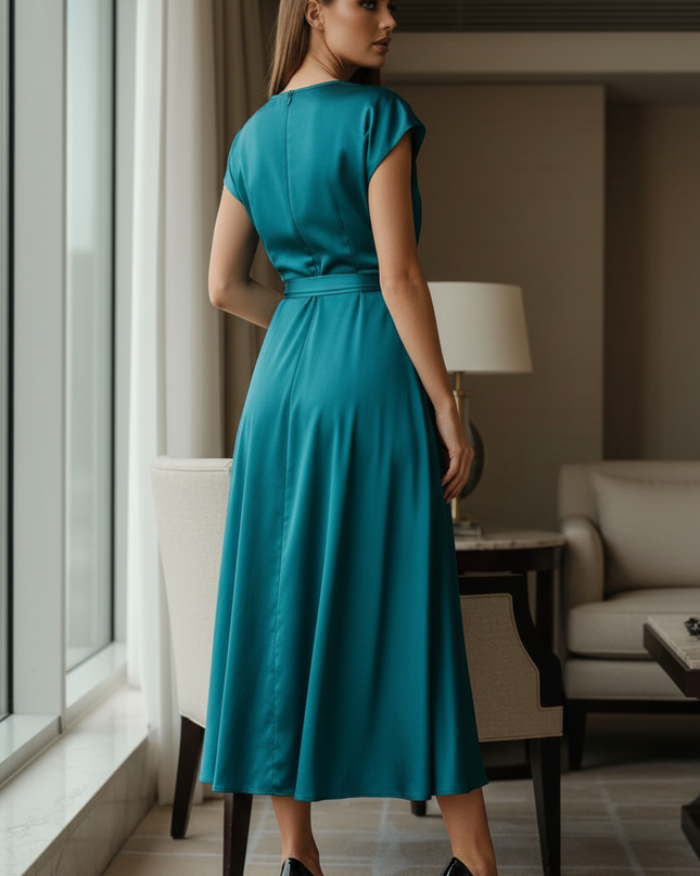 Satin Kleid Teal - Satinkleid Midi Rueckenfrei Blau - Wickelstyle - Ansicht 2