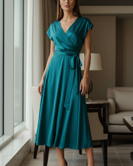 Satin Kleid Teal - Satinkleid Midi Rueckenfrei Blau - Wickelstyle - Ansicht 3