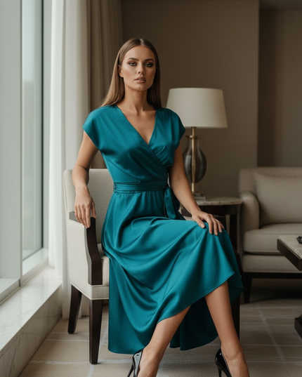 Satin Kleid Teal - Satinkleid Midi Rueckenfrei Blau - Wickelstyle - Ansicht 5