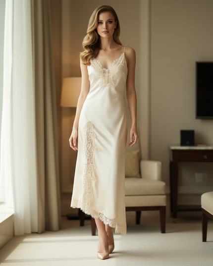 Satin Kleid Cream - Satinkleid Midi Schlitz Braun - Spitze feminin - Ansicht 1