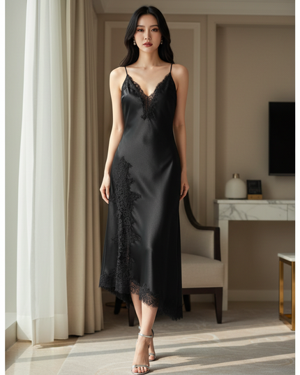 Satin Kleid Black - Satinkleid Midi Schlitz Schwarz - Spitze elegant - Ansicht 1
