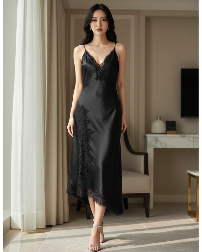 Satin Kleid Black - Satinkleid Midi Schlitz Schwarz - Spitze elegant - Ansicht 1
