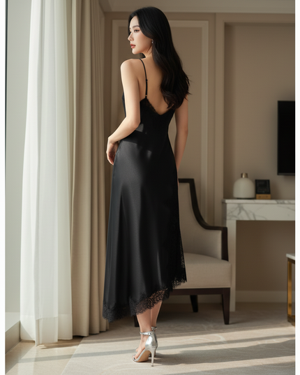 Satin Kleid Black - Satinkleid Midi Schlitz Schwarz - Spitze elegant - Ansicht 2