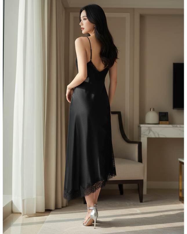 Satin Kleid Black - Satinkleid Midi Schlitz Schwarz - Spitze elegant - Ansicht 2