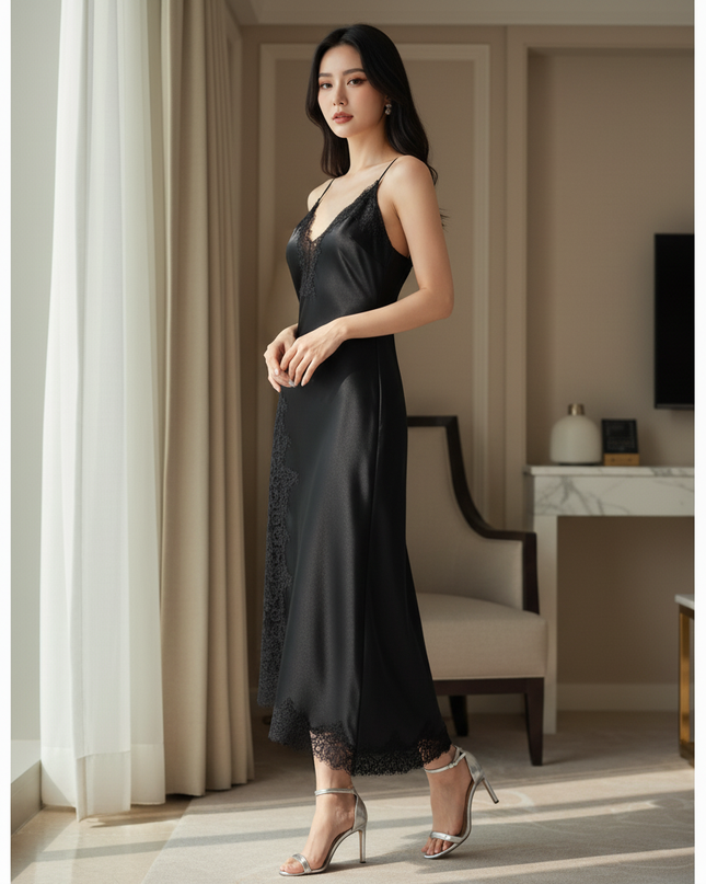 Satin Kleid Black - Satinkleid Midi Schlitz Schwarz - Spitze elegant - Ansicht 3