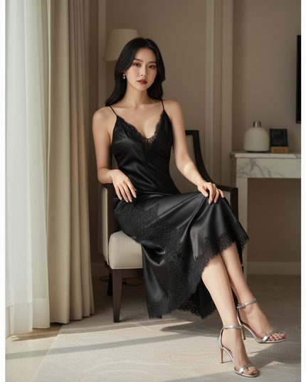 Satin Kleid Black - Satinkleid Midi Schlitz Schwarz - Spitze elegant - Ansicht 5
