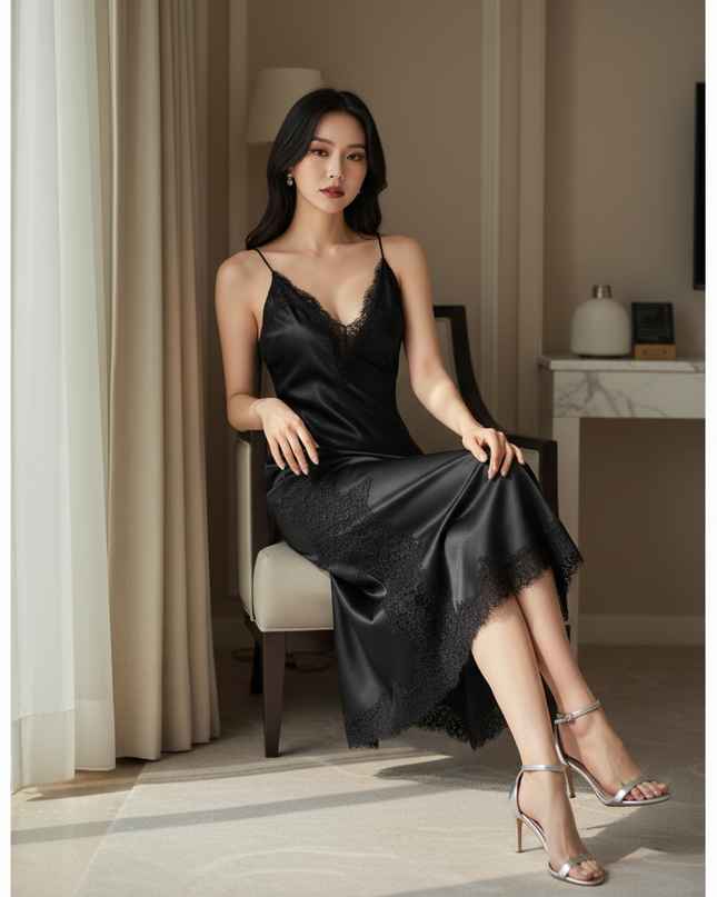 Satin Kleid Black - Satinkleid Midi Schlitz Schwarz - Spitze elegant - Ansicht 5