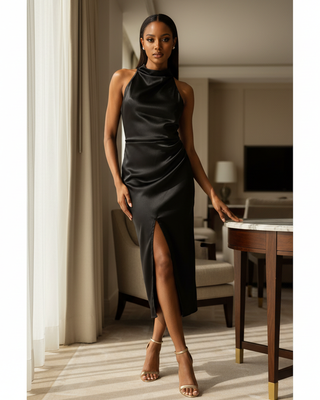 Satin Kleid - Satinkleid Midi Schlitz - Halter Ruched Schwarz - Ansicht 1