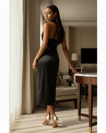 Satin Kleid - Satinkleid Midi Schlitz - Halter Ruched Schwarz - Ansicht 2