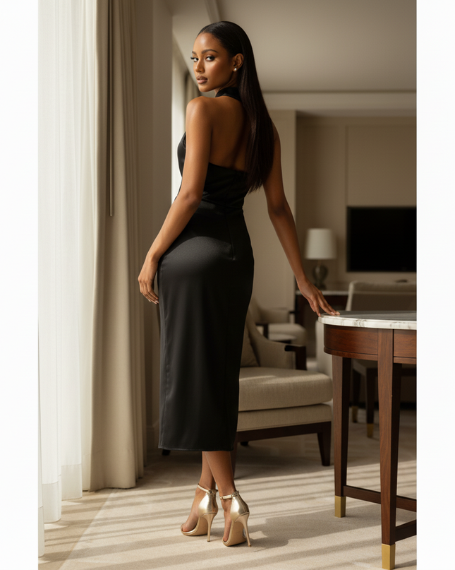 Satin Kleid - Satinkleid Midi Schlitz - Halter Ruched Schwarz - Ansicht 2