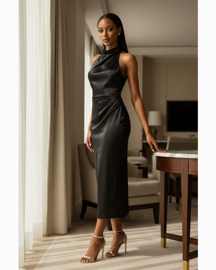 Satin Kleid - Satinkleid Midi Schlitz - Halter Ruched Schwarz - Ansicht 3