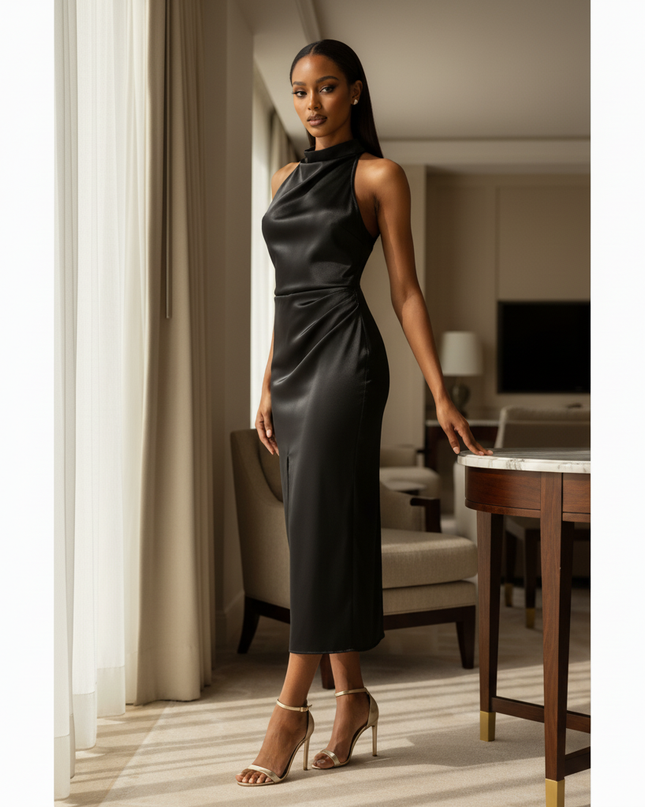 Satin Kleid - Satinkleid Midi Schlitz - Halter Ruched Schwarz - Ansicht 3