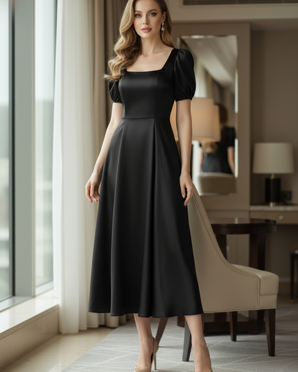Satin Kleid Black - Satinkleid Midi Schwarz - A-Linie Puffarm elegant - Ansicht 1