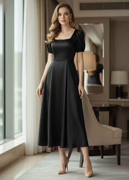 Satin Kleid Black - Satinkleid Midi Schwarz - A-Linie Puffarm elegant - Ansicht 1