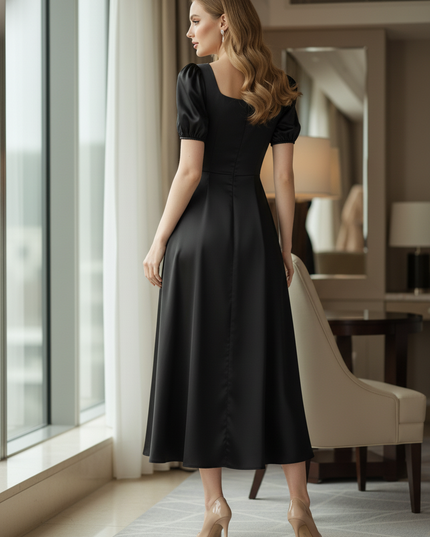 Satin Kleid Black - Satinkleid Midi Schwarz - A-Linie Puffarm elegant - Ansicht 2