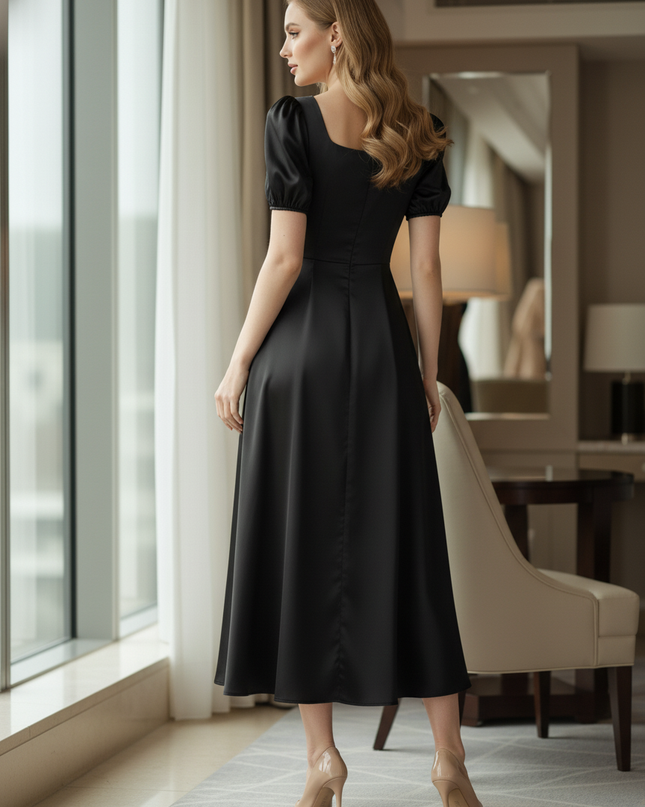 Satin Kleid Black - Satinkleid Midi Schwarz - A-Linie Puffarm elegant - Ansicht 2