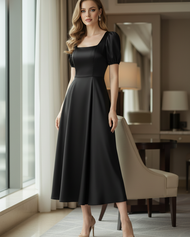 Satin Kleid Black - Satinkleid Midi Schwarz - A-Linie Puffarm elegant - Ansicht 3