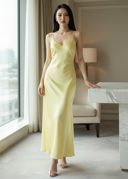 Satin Kleid Yellow - Satinkleid Midi Spaghettitraeger Blau - V-Neck Slip - Ansicht 1