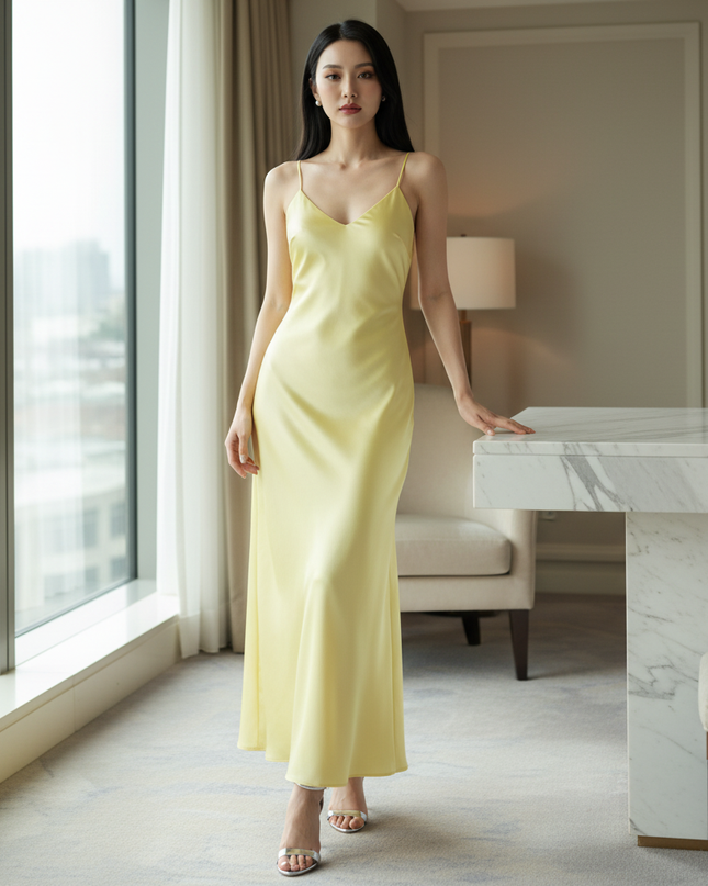 Satin Kleid Yellow - Satinkleid Midi Spaghettitraeger Blau - V-Neck Slip - Ansicht 1