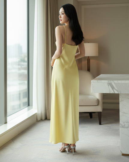 Satin Kleid Yellow - Satinkleid Midi Spaghettitraeger Blau - V-Neck Slip - Ansicht 2
