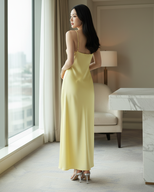Satin Kleid Yellow - Satinkleid Midi Spaghettitraeger Blau - V-Neck Slip - Ansicht 2