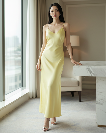 Satin Kleid Yellow - Satinkleid Midi Spaghettitraeger Blau - V-Neck Slip - Ansicht 3