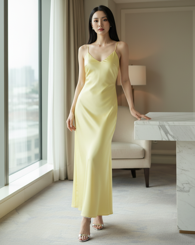 Satin Kleid Yellow - Satinkleid Midi Spaghettitraeger Blau - V-Neck Slip - Ansicht 3