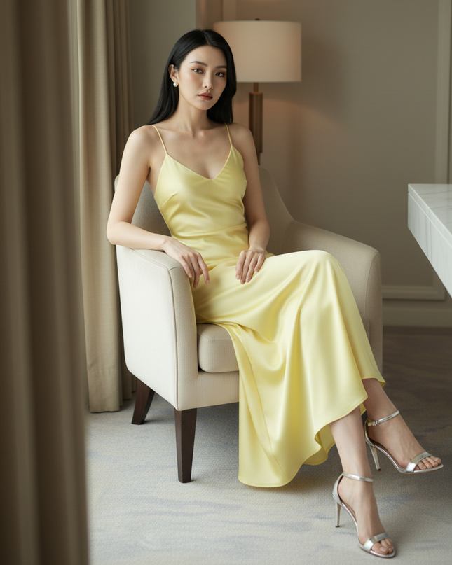 Satin Kleid Yellow - Satinkleid Midi Spaghettitraeger Blau - V-Neck Slip - Ansicht 5