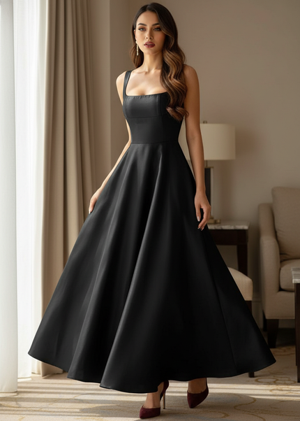 Satin Kleid Black - Satinkleid Midi Traeger Schwarz - A-Linie ZANZEA - Ansicht 1