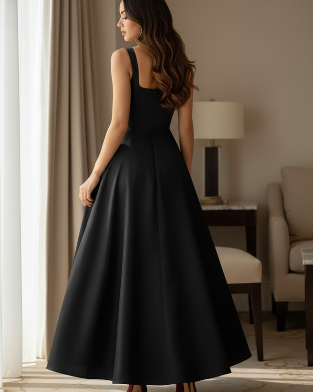 Satin Kleid Black - Satinkleid Midi Traeger Schwarz - A-Linie ZANZEA - Ansicht 2