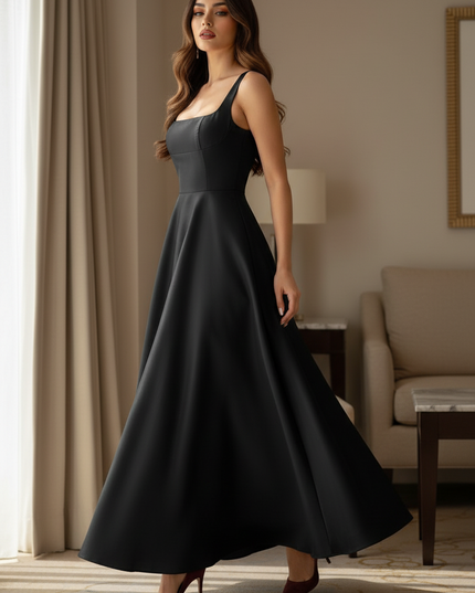 Satin Kleid Black - Satinkleid Midi Traeger Schwarz - A-Linie ZANZEA - Ansicht 3
