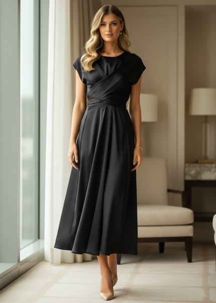 Satin Kleid Black - Satinkleid Midi V-Ausschnitt Schwarz - Twist-Taille - Ansicht 1