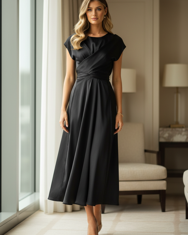 Satin Kleid Black - Satinkleid Midi V-Ausschnitt Schwarz - Twist-Taille - Ansicht 1