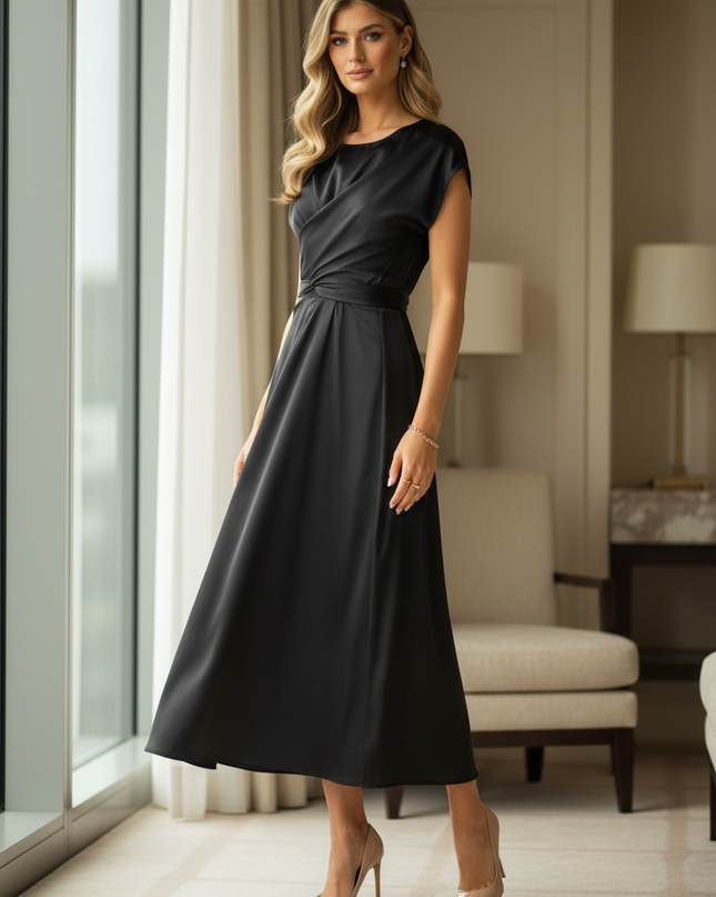 Satin Kleid Black - Satinkleid Midi V-Ausschnitt Schwarz - Twist-Taille - Ansicht 3