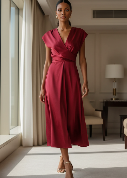 Satin Kleid Red - Satinkleid Midi Wickel Bordeaux - A-Linie Satin - Ansicht 1