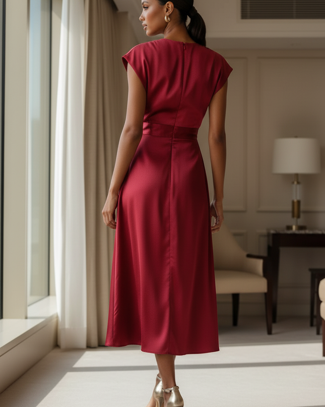 Satin Kleid Red - Satinkleid Midi Wickel Bordeaux - A-Linie Satin - Ansicht 2