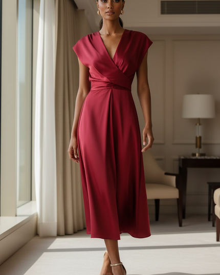 Satin Kleid Red - Satinkleid Midi Wickel Bordeaux - A-Linie Satin - Ansicht 3