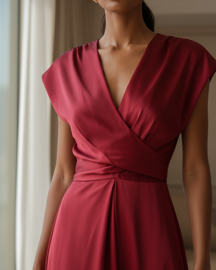 Satin Kleid Red - Satinkleid Midi Wickel Bordeaux - A-Linie Satin - Ansicht 4