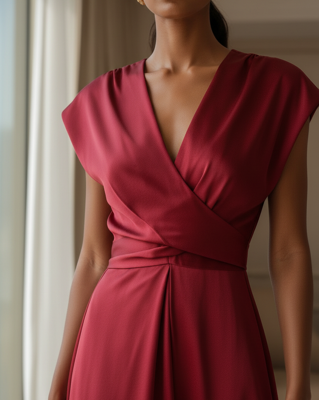 Satin Kleid Red - Satinkleid Midi Wickel Bordeaux - A-Linie Satin - Ansicht 4