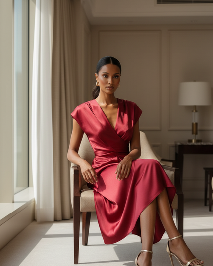 Satin Kleid Red - Satinkleid Midi Wickel Bordeaux - A-Linie Satin - Ansicht 5