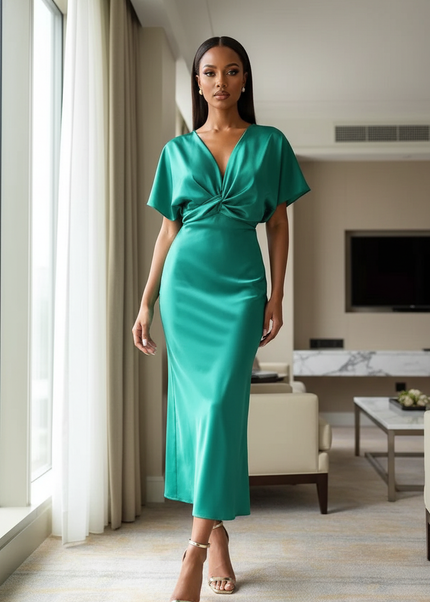 Satin Kleid Green - Satinkleid Midi Wickel Gruen - Fledermausarm elegant - Ansicht 1